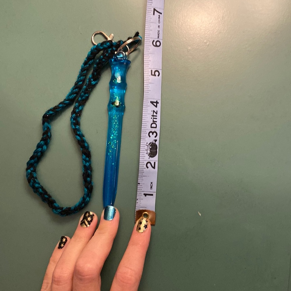 Blue resin self defense keychain with black obsidian and turquoise stone